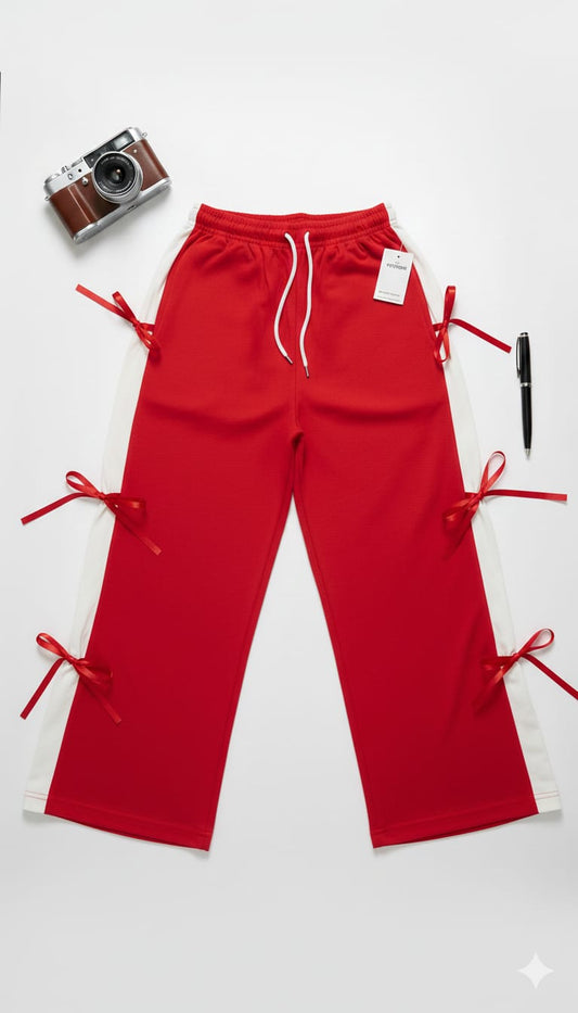 Chic Red Wide-Leg Trousers with Side Ribbon Detail