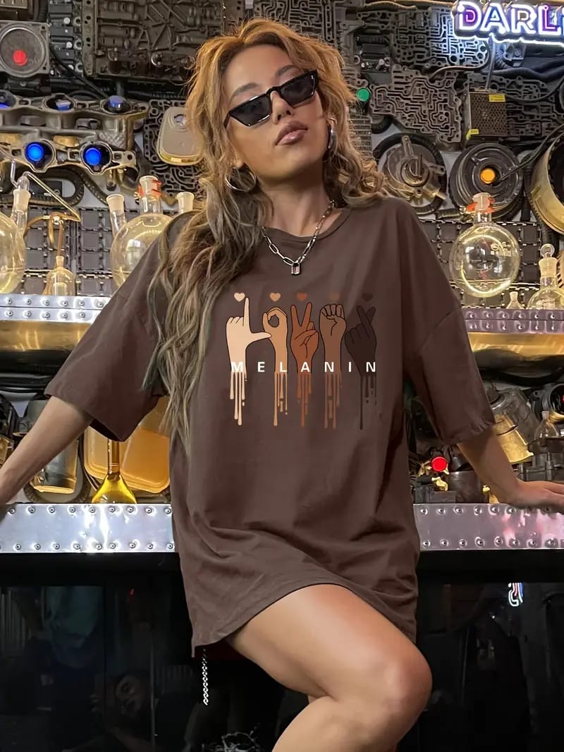 "Melanin Love" Graphic Drop Shoulder Tee –Brown