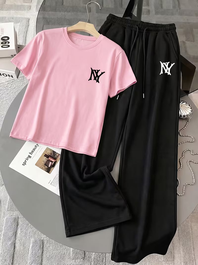 Pink "NY" Graphic Printed Oversized Tee & Black Wide-Leg Trouser Co-ord Set