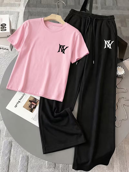 Pink "NY" Graphic Printed Oversized Tee & Black Wide-Leg Trouser Co-ord Set