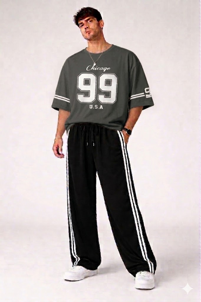 DARK GREY VARSITY CHICAGO 99 OVERSZIED TEE WITH BLACK STRIPES BAGGY TROUSER  TRACK SET