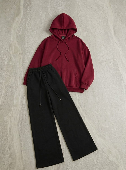 Cozy Ultra-Soft Fleece Hoodie & Black Wide-Leg Baggy Trouser Co-Ord Set