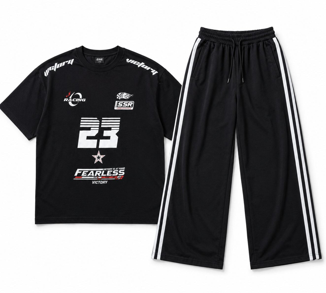 Black Fearless 23 Racing Graphic Oversized Tee & Black Side-Stripes Wide-Leg Trouser Co-Ord Set