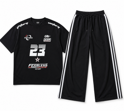 Black Fearless 23 Racing Graphic Oversized Tee & Black Side-Stripes Wide-Leg Trouser Co-Ord Set