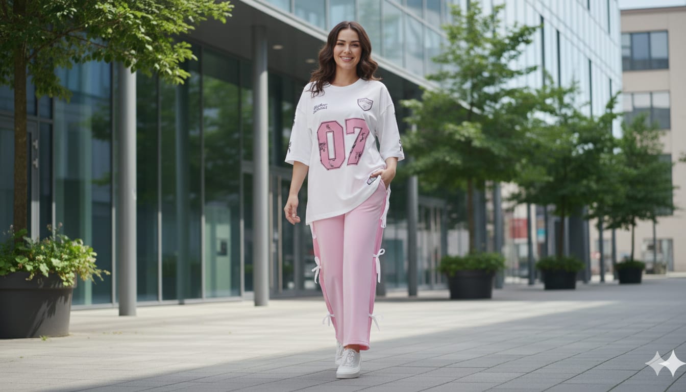White 07 Graphic Oversized Tee with Pink Side Ribbon Wide-Leg Trousers