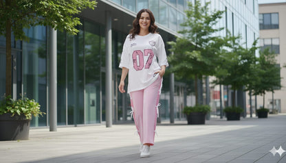 White 07 Graphic Oversized Tee with Pink Side Ribbon Wide-Leg Trousers