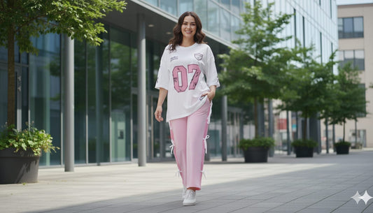White 07 Graphic Oversized Tee with Pink Side Ribbon Wide-Leg Trousers