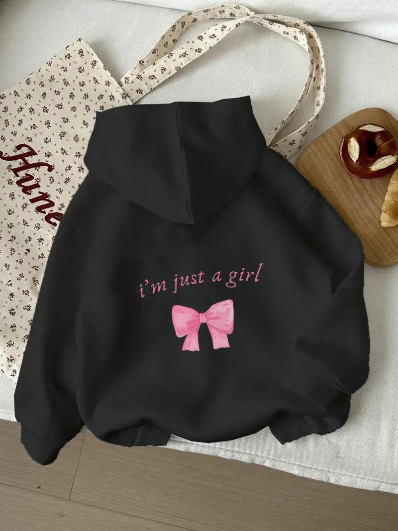 “I’m Just a Girl” Bow Print Hoodie – Soft Aesthetic