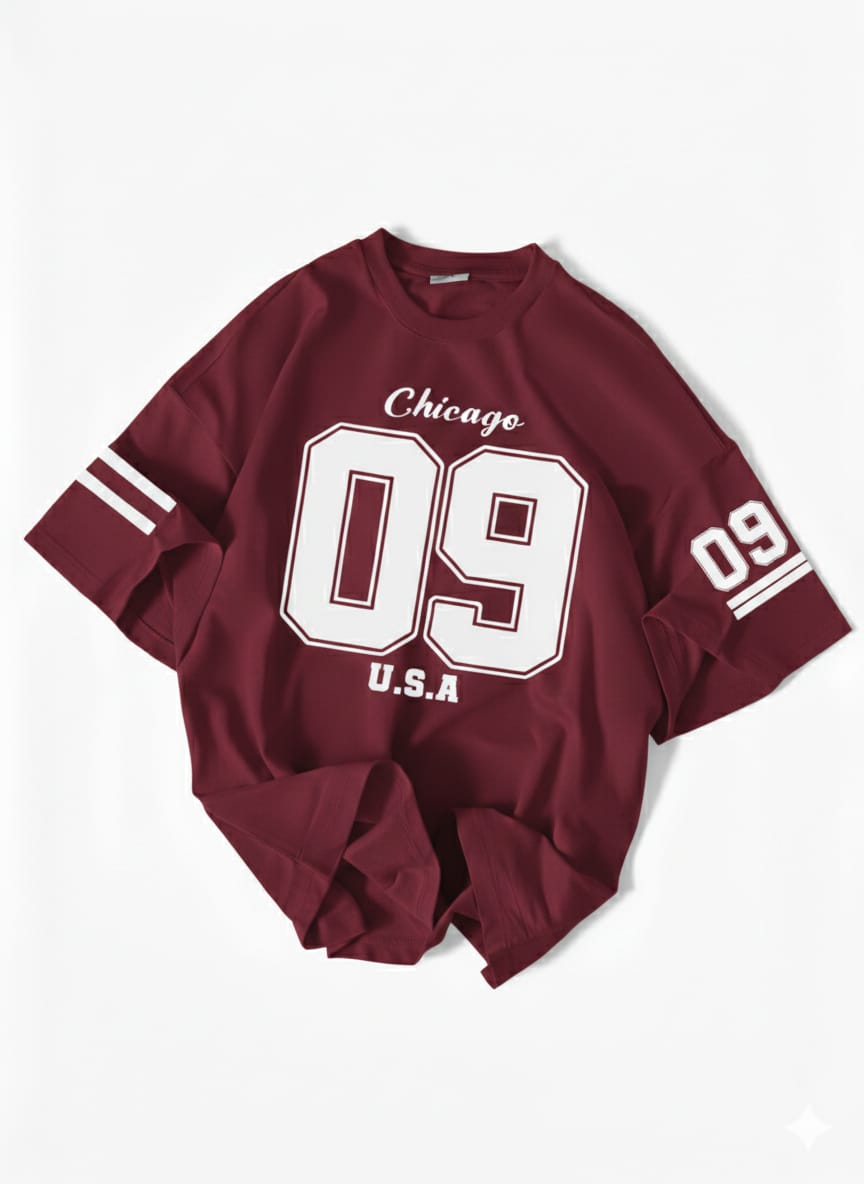 The Urban Essential: Chicago "09" Graphic Oversized Drop-Shoulder Tee - MAROON