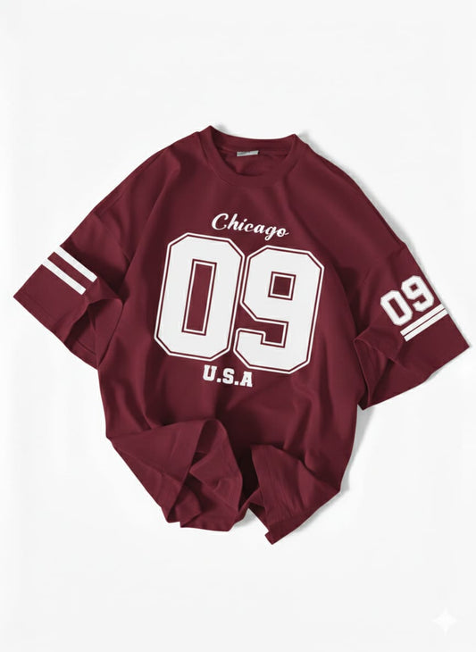 The Urban Essential: Chicago "09" Graphic Oversized Drop-Shoulder Tee - MAROON