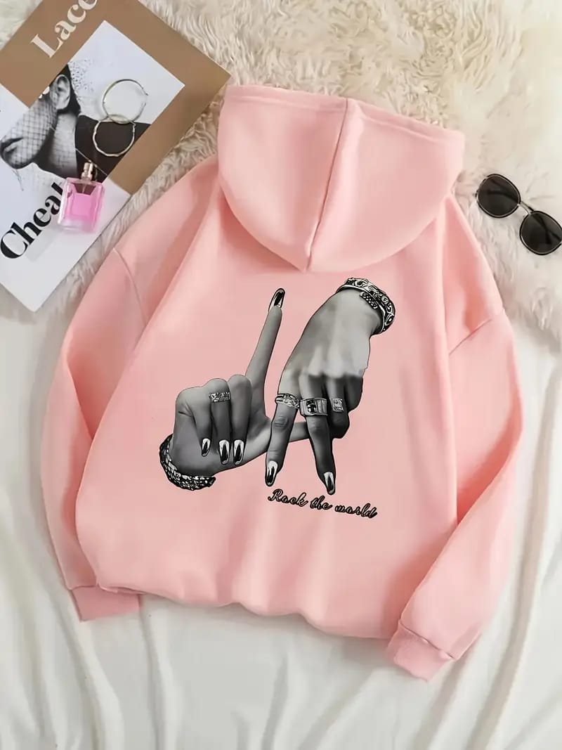 Rock the World Graphic Hoodie – Beige/White/Pink