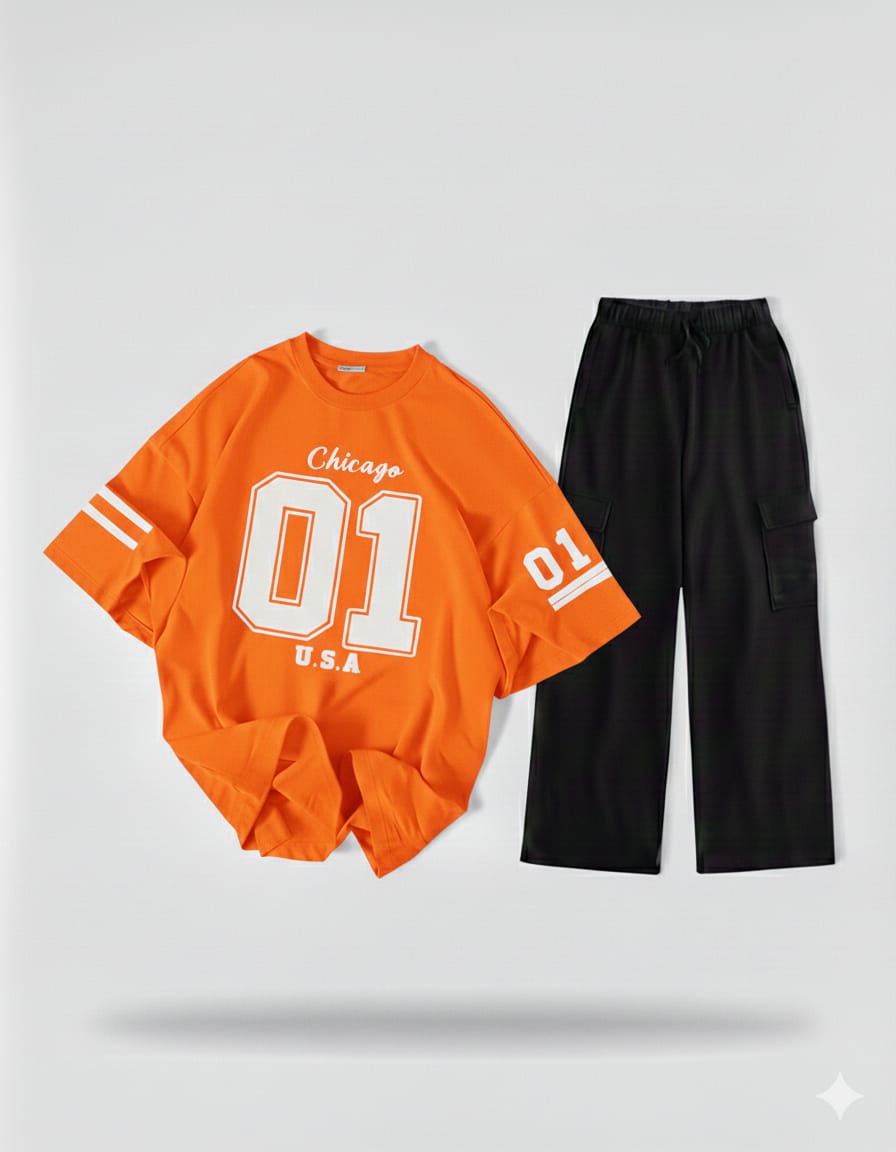 The Varsity Noir Set: Orange '01' Oversized Tee & Black Wide-Leg Cargo Trouser