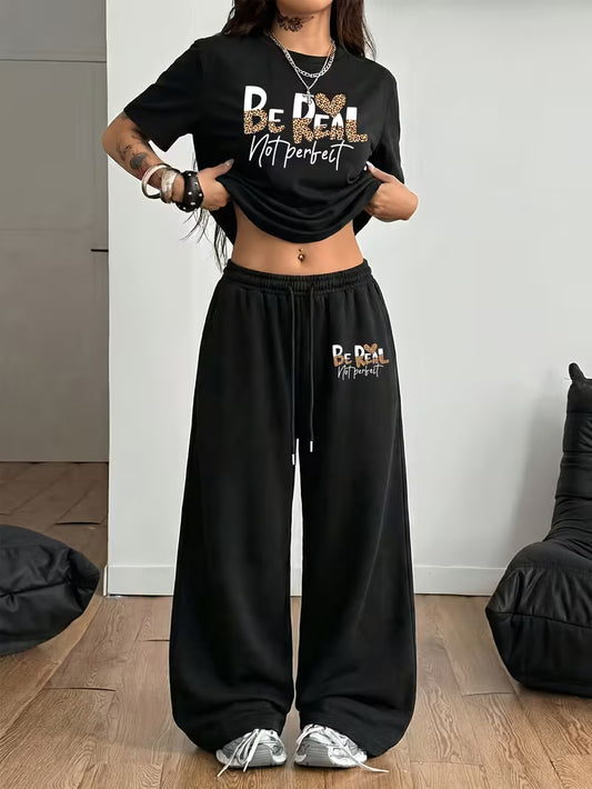 Black "BE REAL" Oversized Streetwear Co-ord Set