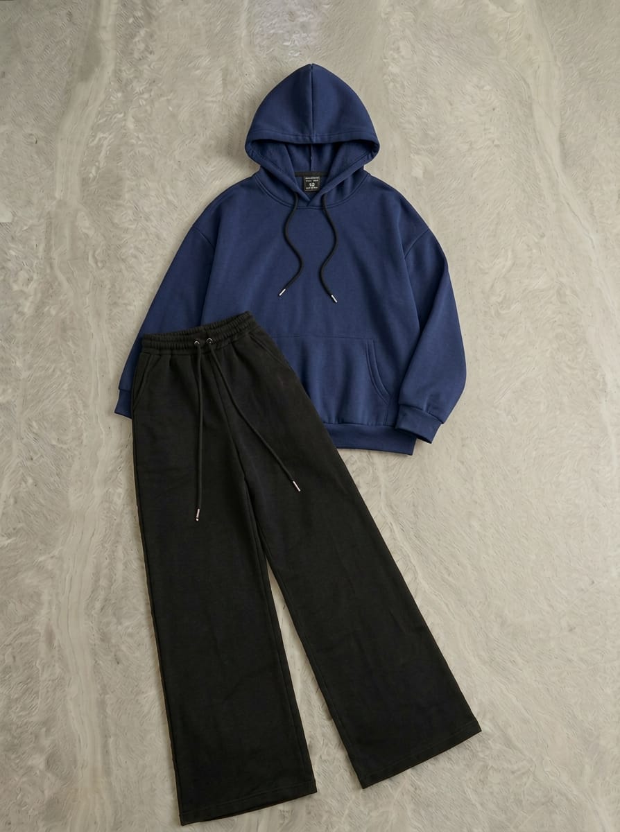 Cozy Ultra-Soft Fleece Hoodie & Black Wide-Leg Baggy Trouser Co-Ord Set