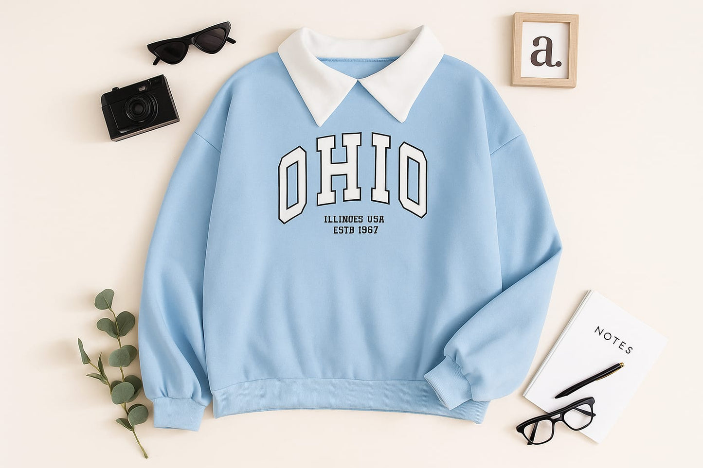 Oversized SKY BLUE Sweatshirt with Classic Collar & Ohio Print