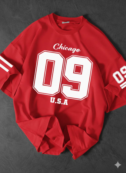 The Urban Essential: Chicago "09" Graphic Oversized Drop-Shoulder Tee - RED