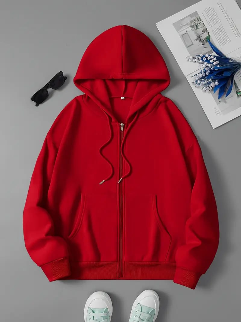 Cozy Winter Stuff Fleece Zip-Up Hoodie - Red