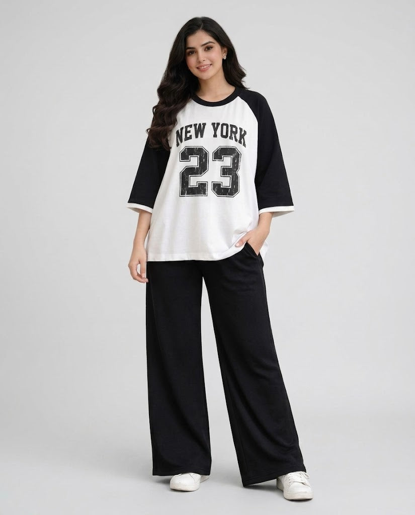 Black Raglan New York 23 Oversized & Wide-Leg Trouser Co-Ord Set – Black & White