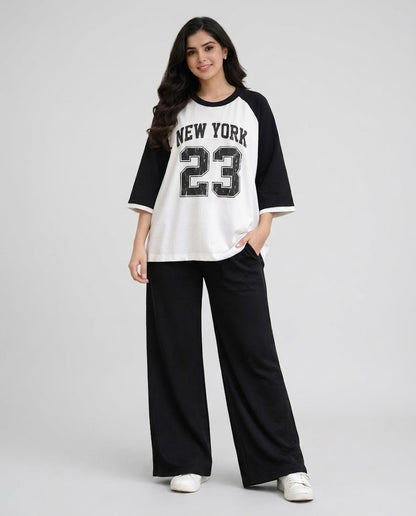 Black Raglan New York 23 Oversized & Wide-Leg Trouser Co-Ord Set – Black & White
