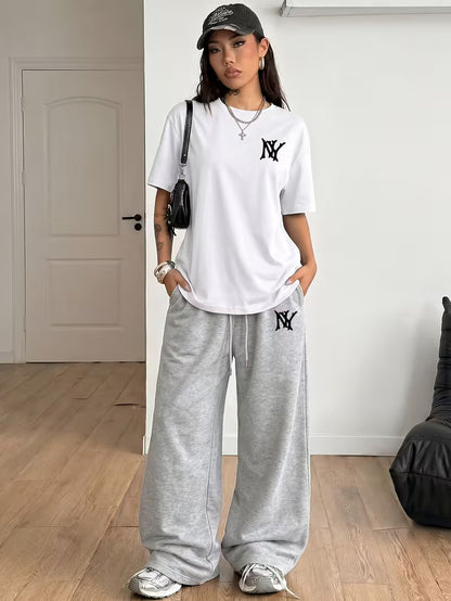 White "NY" Graphic Printed Oversized Tee & Grey Wide-Leg Trouser Co-ord Set