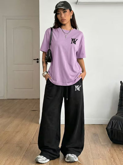 Lilac "NY" Graphic Printed Oversized Tee & Black Wide-Leg Trouser Co-ord Set