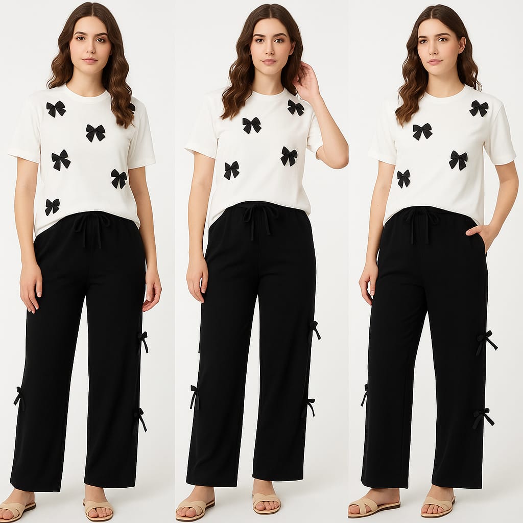 Bow Accent T-Shirt & Black Side Bow Style Baggy Trouser - (Bow Co-ord Set)