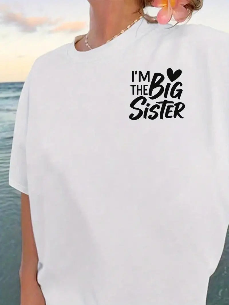“I’m the Big Sister” Statement Drop Shoulder Oversized Tee – White