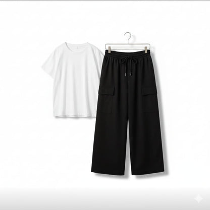 The Urban Chill Set: White Oversized Tee & Black Wide-Leg Cargo Trouser