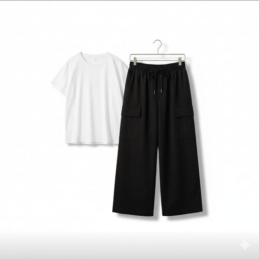 The Urban Chill Set: White Oversized Tee & Black Wide-Leg Cargo Trouser