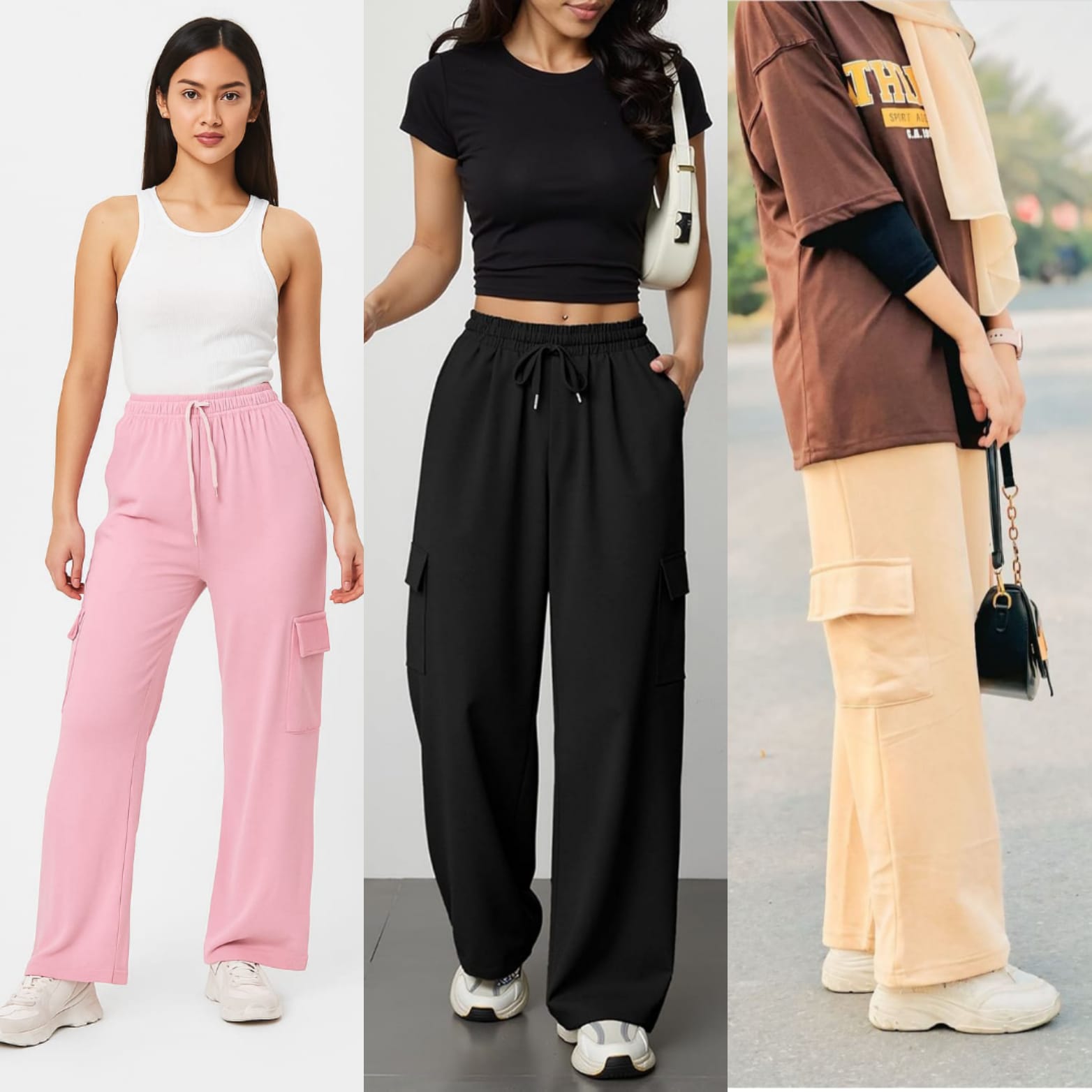 Pack of 3 Women's Stylish Wide Leg Cargo Trousers – Pink, Black & Beige