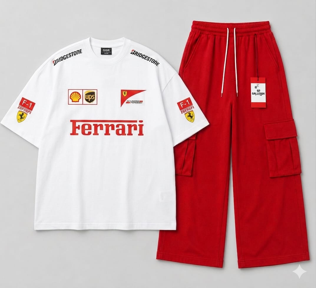 White Ferrari Graphic Oversized Tee & Red Wide Leg Cargo Trouser Coord Set