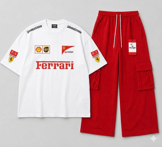White Ferrari Graphic Oversized Tee & Red Wide Leg Cargo Trouser Coord Set