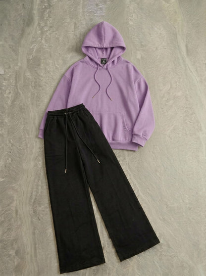 Cozy Ultra-Soft Fleece Hoodie & Black Wide-Leg Baggy Trouser Co-Ord Set