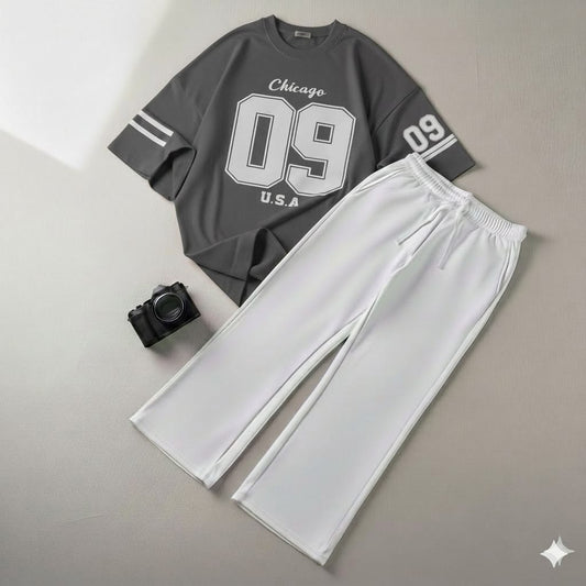 Urban Dark Grey Drop Shoulder Graphic  Chicago 09 Tee & White Wide-Leg Trouser Baggy Set