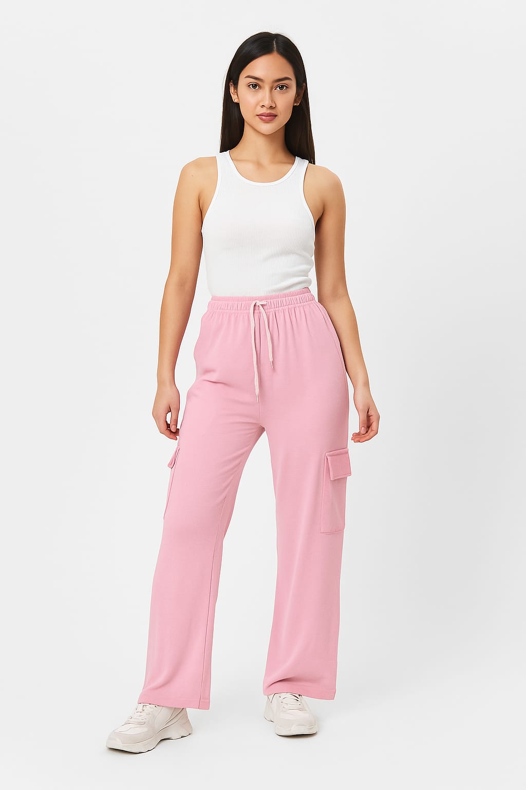 Pack of 3 Women's Stylish Wide Leg Cargo Trousers – Pink, Black & Beige