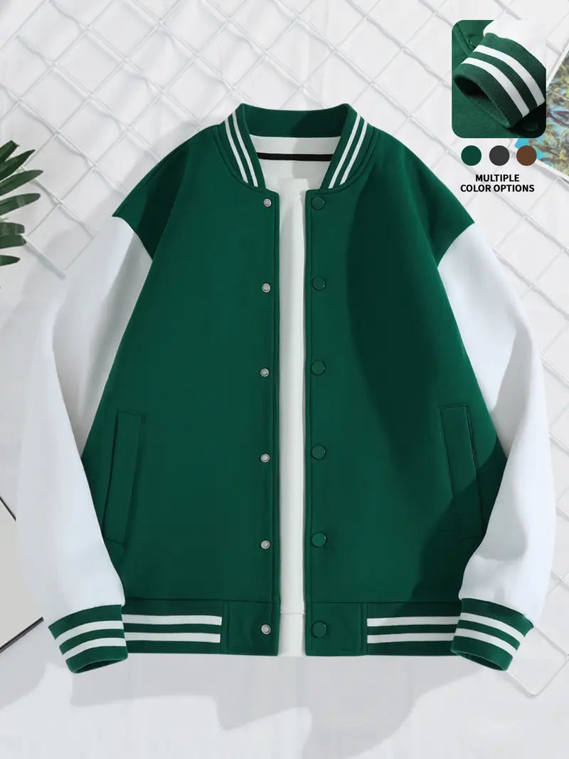 Stylish GREEN/WHITE Two-Tone Baseball Varsity Jacket
