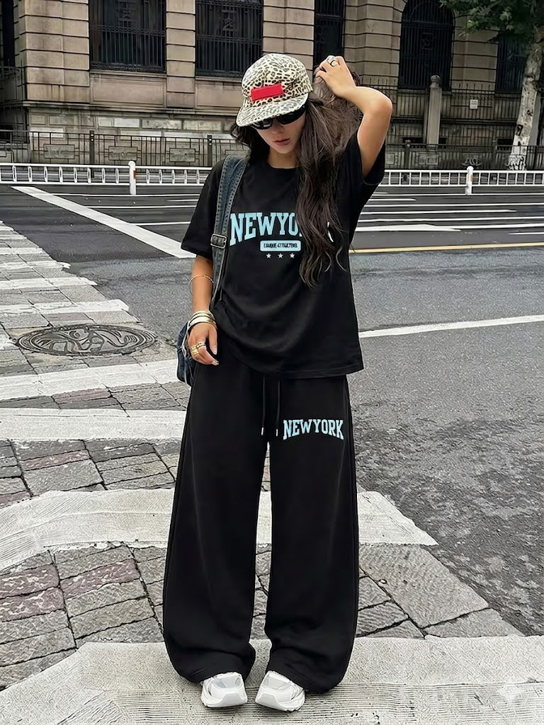 Black New York Varsity Graphic Oversized Tee & BLACK New York PRINTED Wide-Leg Baggy Trouser Co-Ord Set