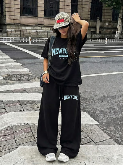 Black New York Varsity Graphic Oversized Tee & BLACK New York PRINTED Wide-Leg Baggy Trouser Co-Ord Set