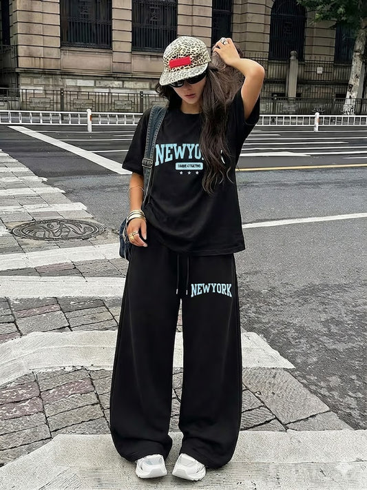 Black New York Varsity Graphic Oversized Tee & BLACK New York PRINTED Wide-Leg Baggy Trouser Co-Ord Set