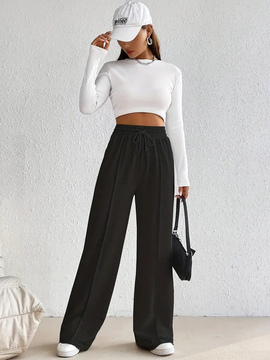 Women's Black Piping Wide-Leg Jogger Trouser