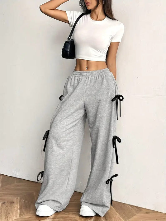 Grey Baggy Wide-Leg Pants with Side Bow Detail – Cozy Meets Cute