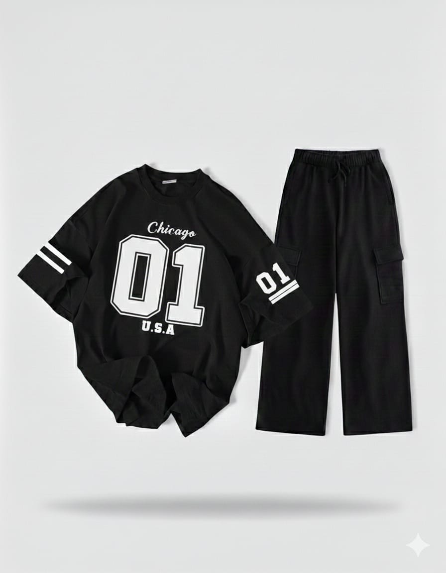 The Varsity Noir Set: Black '01' Oversized Tee & Black Wide-Leg Cargo Trouser