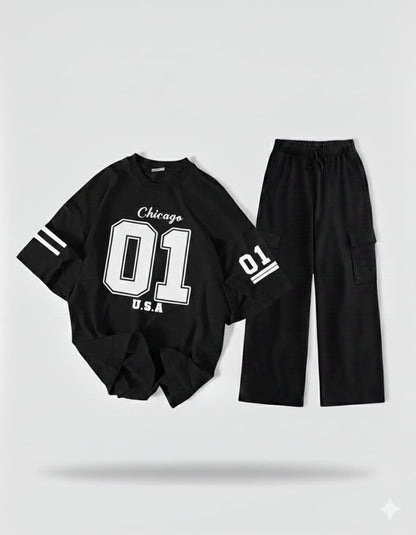 The Varsity Noir Set: Black '01' Oversized Tee & Black Wide-Leg Cargo Trouser