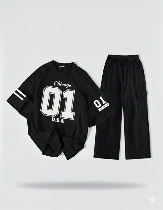 The Varsity Noir Set: Black '01' Oversized Tee & Black Wide-Leg Cargo Trouser