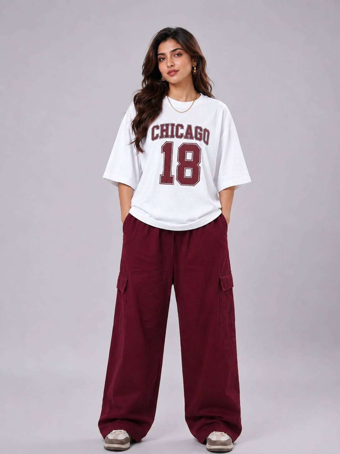 CHICAGO 18 PRINTED OVERSIZED T-SHIRT WITH MAROON WIDE LEG CARGO TROUSER  COORD SET
