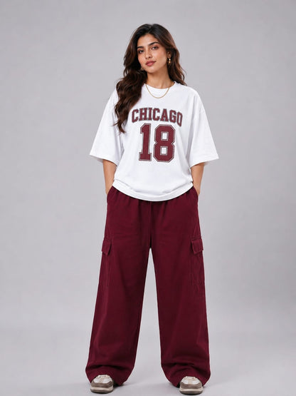 CHICAGO 18 PRINTED OVERSIZED T-SHIRT WITH MAROON WIDE LEG CARGO TROUSER  COORD SET