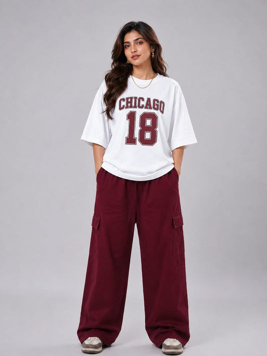 CHICAGO 18 PRINTED OVERSIZED T-SHIRT WITH MAROON WIDE LEG CARGO TROUSER  COORD SET