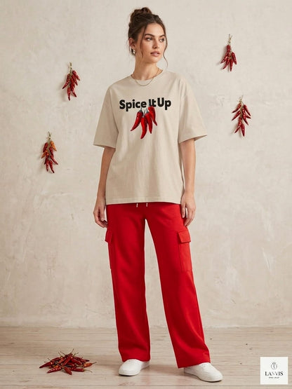 "Classic  Beige Spice It Up" Graphic Tee & Red Cargo Loungewear Set