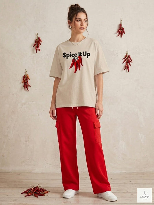 "Classic  Beige Spice It Up" Graphic Tee & Red Cargo Loungewear Set