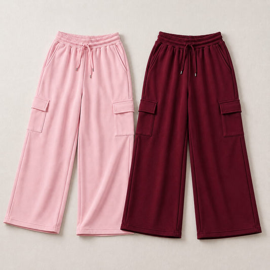 Everyday Comfort Bundle Of 2 - Premium Wide-Leg  Cargo Trouser,,,MAROON & PINK